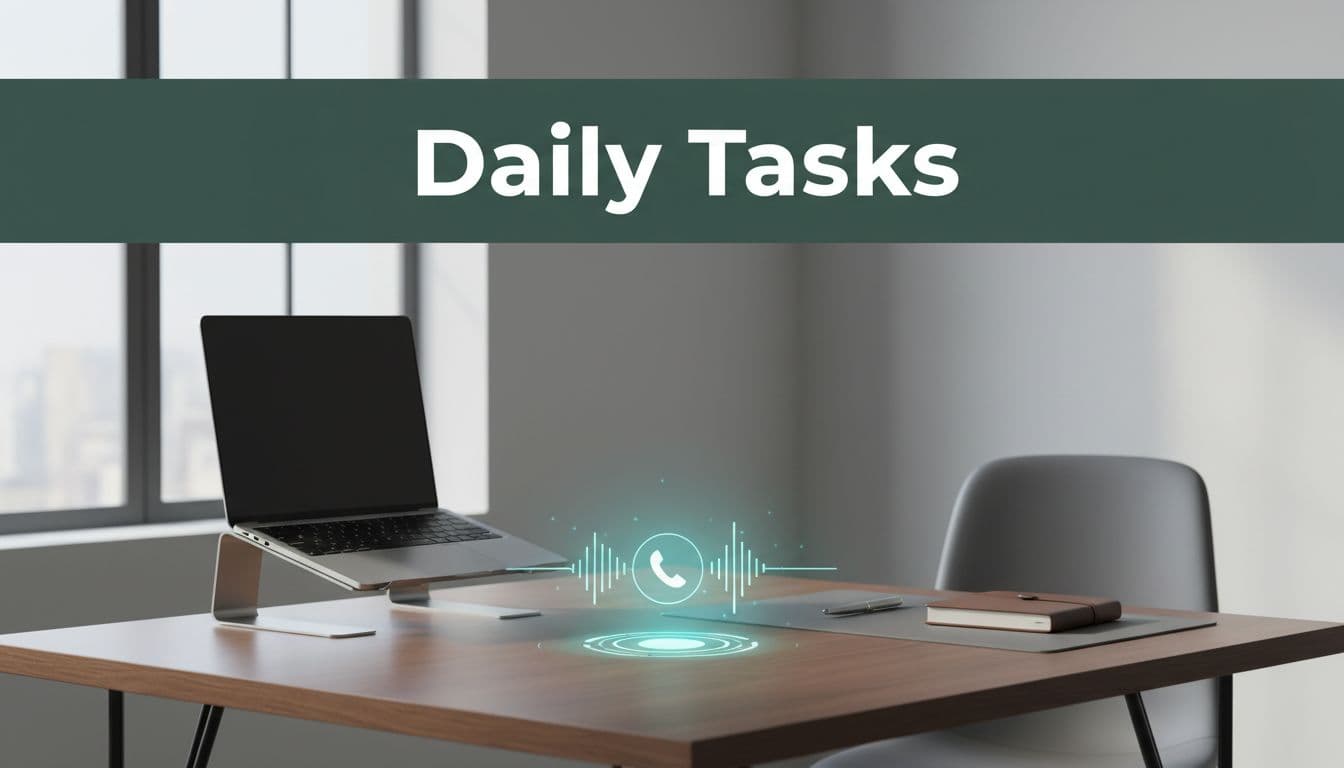 Bold 'Daily Tasks' headline on muted dark-green band above a glowing digital phone icon with incoming call waveform on a modern office desk with computer and notepad, in soft natural daylight and muted tones.