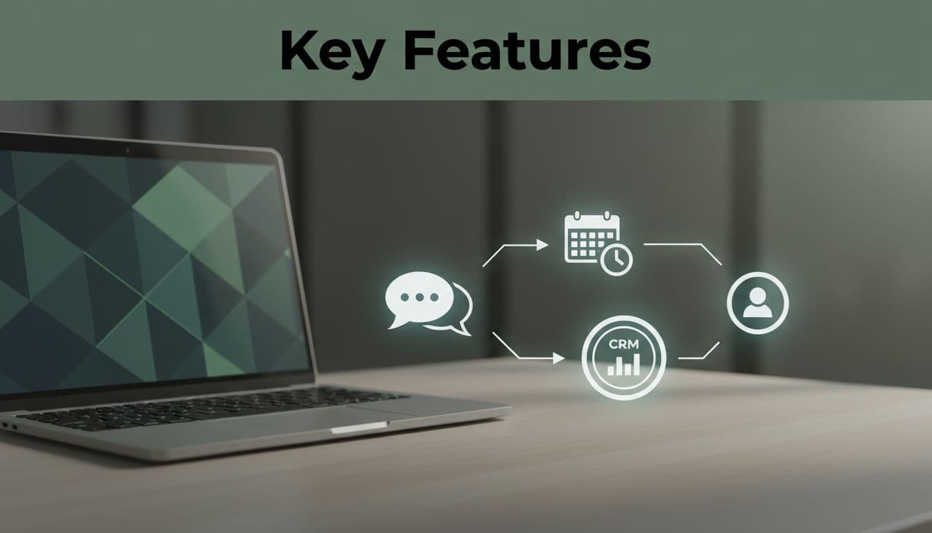 Bold 'Key Features' headline on muted dark-green band atop interconnected digital icons of speech bubble conversation flow arrow to calendar sync and CRM dashboard on a clean tech laptop screen in professional desk setting with muted tones.