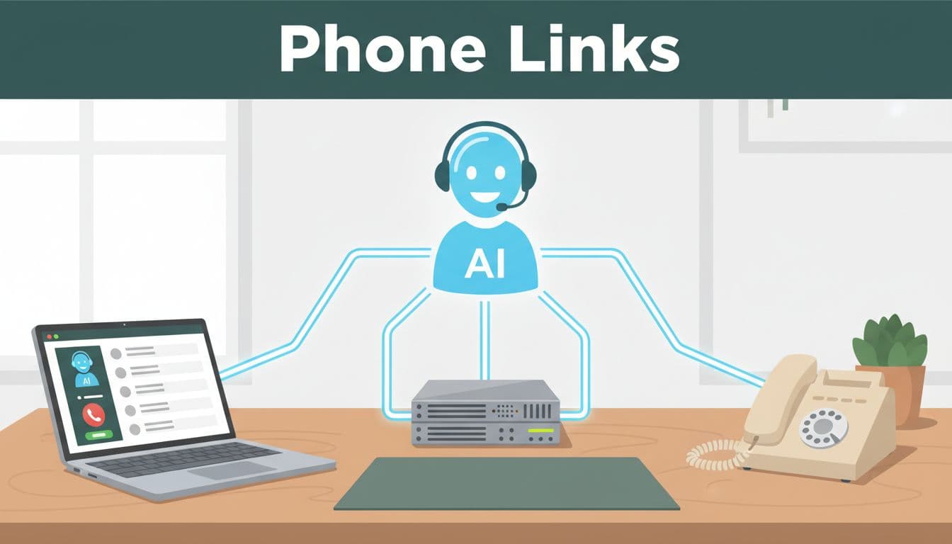 Illustration of a VoIP softphone on a laptop, PBX server box, and traditional landline desk phone connected by glowing lines to a central friendly AI virtual receptionist with headset in a simple business office desk setting.