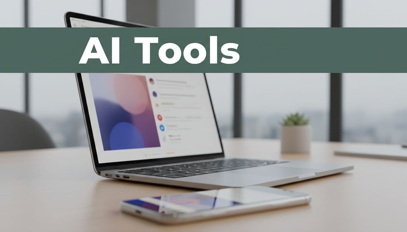 Modern workspace desk with smartphone and laptop displaying blurred social media posts and cleaning service chatbot booking interface, topped with bold 'AI Tools' headline on dark-green band.