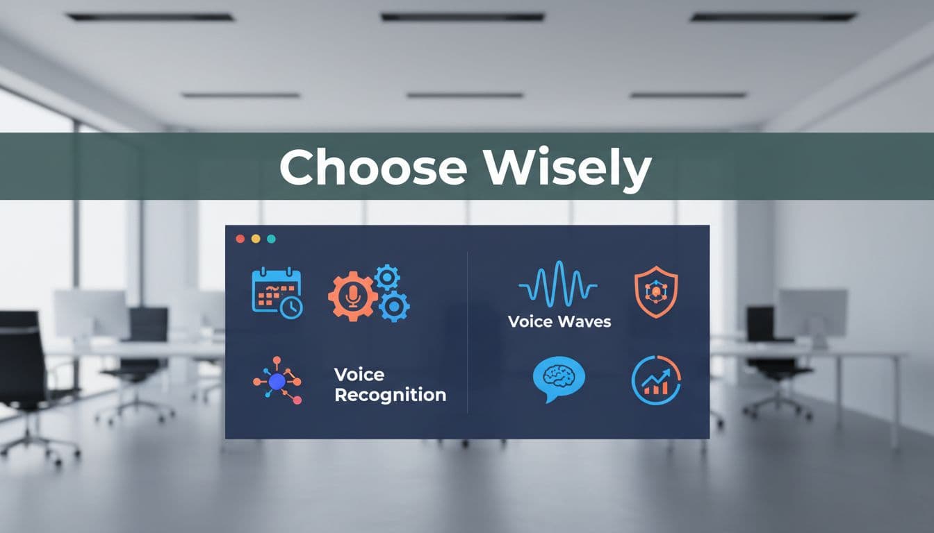 Clean business dashboard with AI interface icons including gears, calendar sync, and voice waves, set in a modern office environment under a bold 'Choose Wisely' headline in a muted dark-green band.