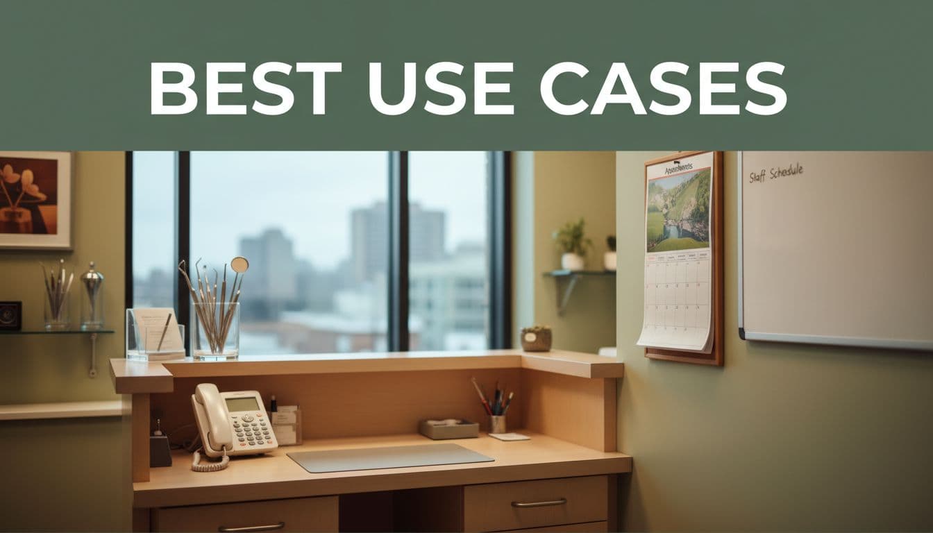 Editorial image featuring 'Best Use Cases' headline on a dark-green band atop a dental clinic reception area with desk, phone, calendar, wall planner, service tools, and subtle NJ skyline view through window, in muted tones with warm lighting, no people.