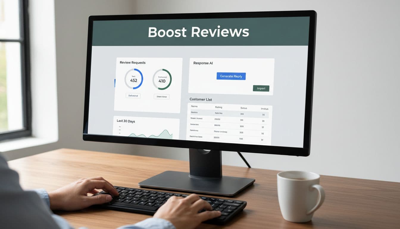 Desktop monitor displaying a review management dashboard with stats on review requests sent, response rates, AI reply button, customer list import, and a bold 'Boost Reviews' headline on a muted dark-green band. Modern office desk setup includes a coffee mug and two relaxed hands nearby, centered on UI elements under natural light.