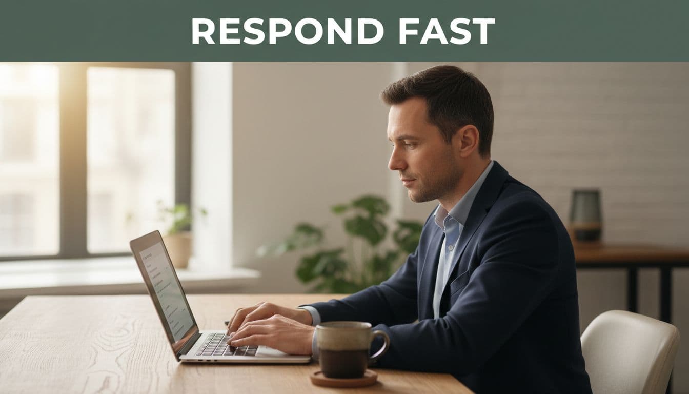 A focused business manager at a wooden office desk types on a laptop with a blurred review response interface, calm expression, coffee mug nearby, and a top dark-green band with 'Respond Fast' headline. Realistic photo style with natural window light, central composition on person and laptop.