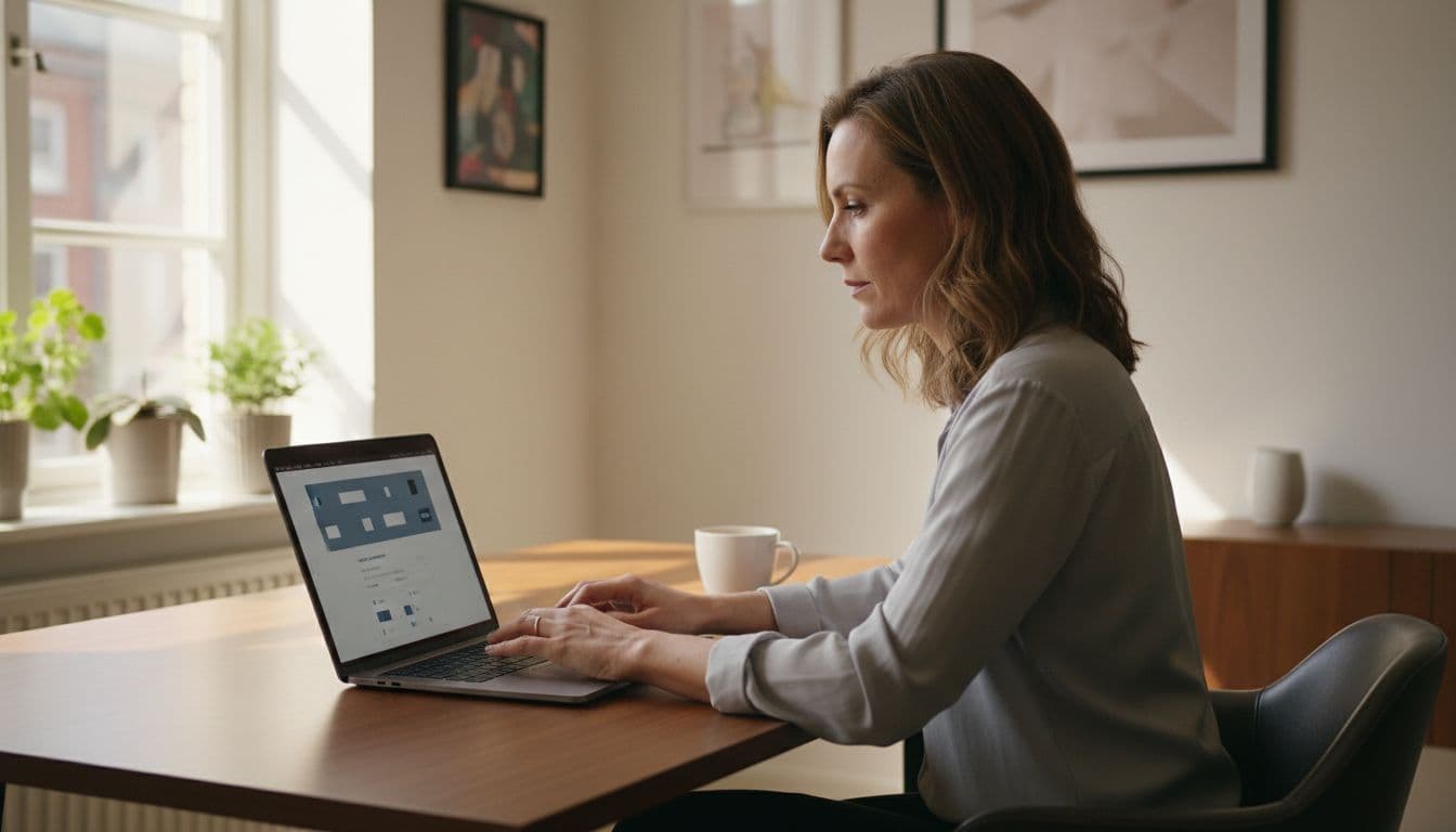 A focused business owner sits at a modern wooden desk in a bright home office, editing their Pinterest business profile on an open laptop screen with a coffee mug nearby and natural window light.
