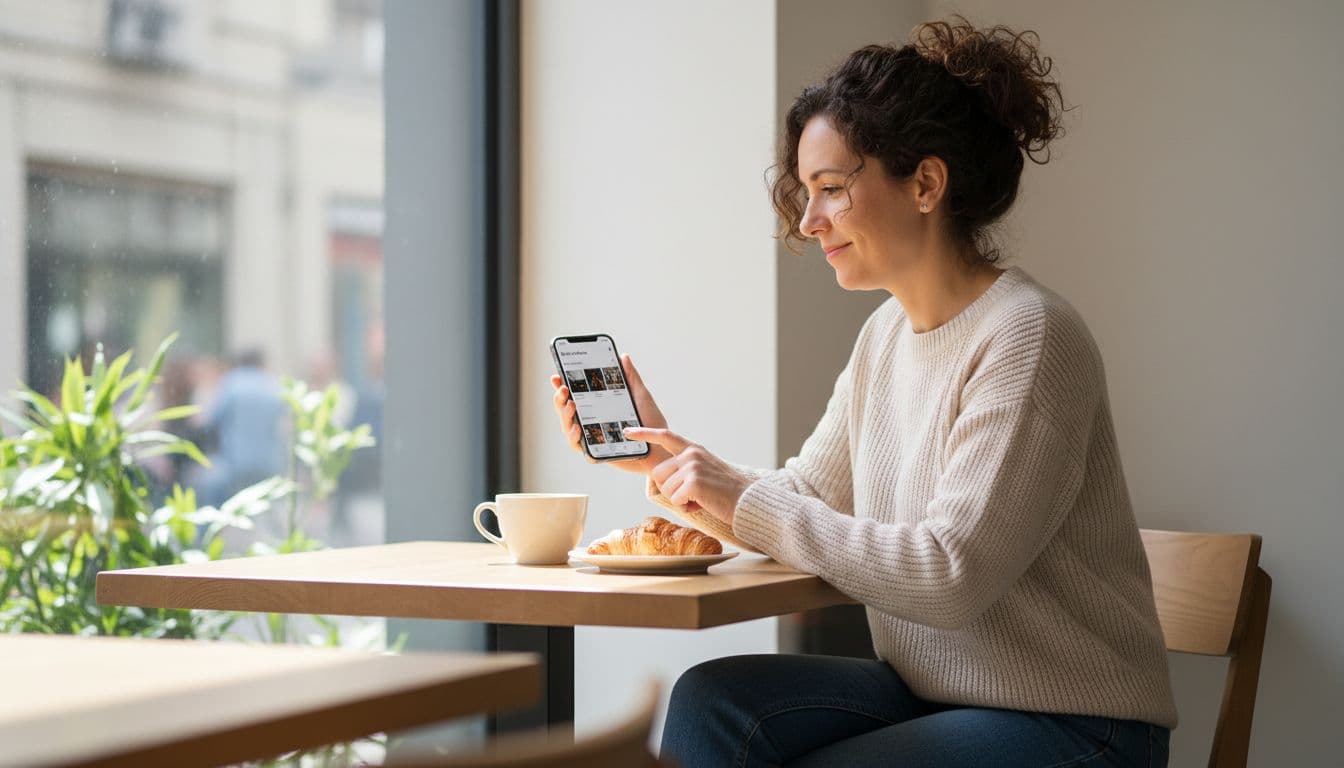 A small business owner sits relaxed at a table in a bright cafe workspace with coffee, naturally holding a smartphone to add photos to the Google Business Profile app, illuminated by natural daylight from the window.