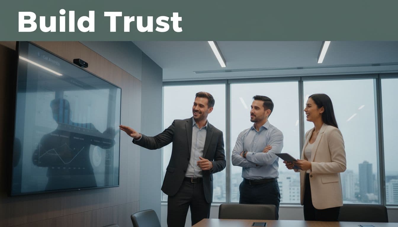 Three professionals in a modern conference room collaboratively review call analytics on a shared screen during a positive discussion, with a leader pointing at the chart; features a bold 'Build Trust' headline on a muted dark-green band near the top.