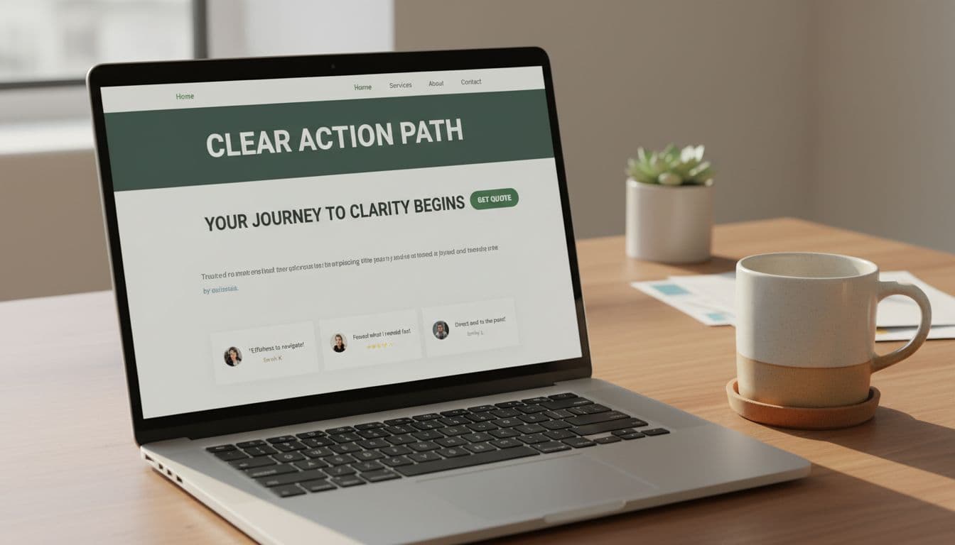 Clean redesigned website homepage on a laptop screen placed on a wooden desk with coffee mug nearby, featuring simple navigation bar, bold 'Get Quote' CTA button, testimonials with stars, minimal layout, and muted dark-green band with 'Clear Action Path' title in warm daylight lighting.
