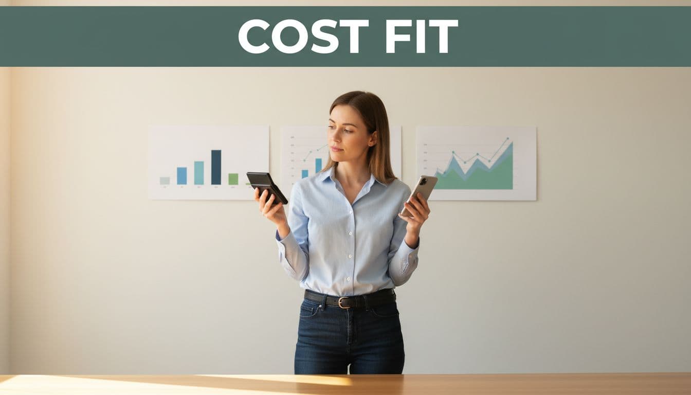 Business professional in casual office attire thoughtfully compares a calculator and smartphone at a desk, with simple charts on the wall and a bold 'Cost Fit' headline in a dark-green band at the top.
