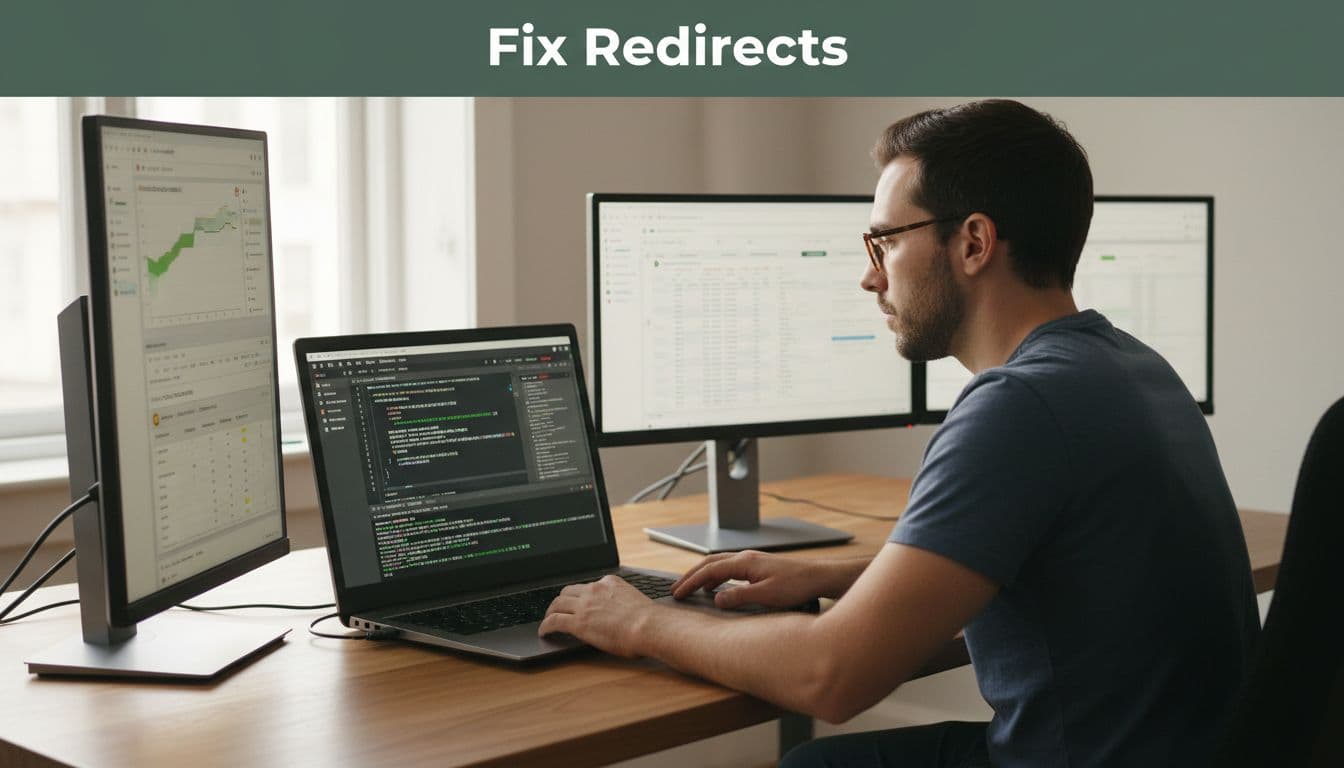 Developer at multi-screen desk edits 301 redirects in laptop code editor and terminal with crawler results.