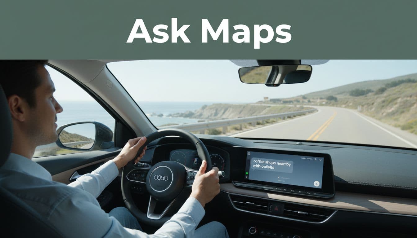 Relaxed driver on coastal road uses hands-free Ask Maps on car dashboard screen, querying coffee shops nearby with outlets. Bold Ask Maps headline on dark-green band emphasizes the feature.