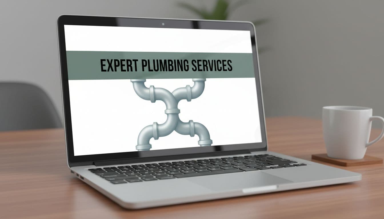 Modern laptop on wooden desk shows screen with dark-green top band and bold 'Expert Plumbing Services' headline, coffee mug nearby.