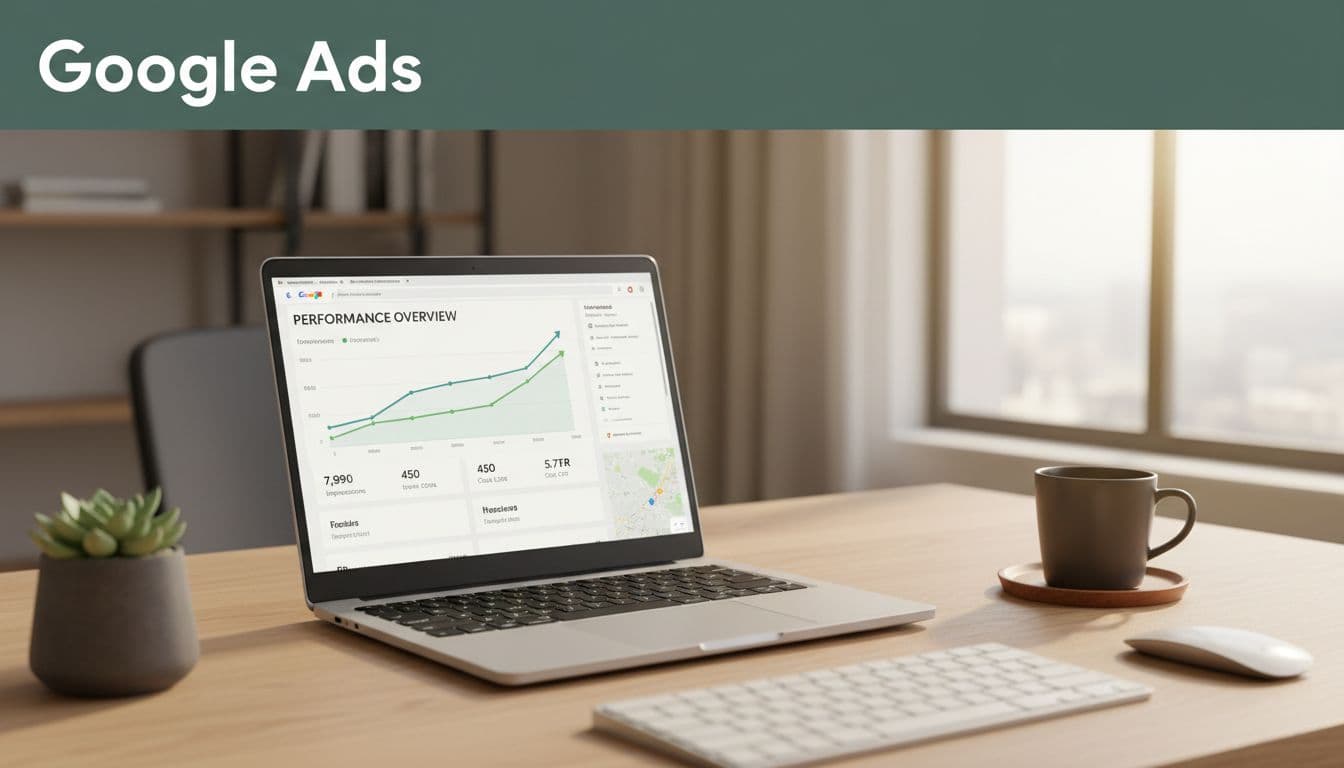 Laptop screen displaying Google Ads dashboard with rising impressions and clicks graphs for local campaigns on a modern desk with coffee mug, realistic office photo style with warm window lighting.