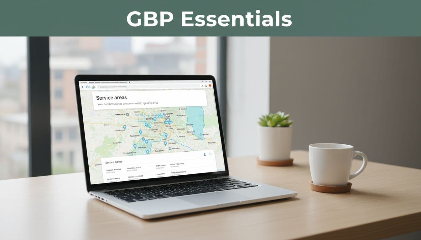 A clean professional desk setup with a laptop open to the Google Business Profile dashboard displaying service areas for a plumber, with no address visible and cities highlighted on the map, accompanied by a coffee mug under natural office lighting. Bold 'GBP Essentials' headline in geometric sans-serif font on a muted dark-green band at the top.