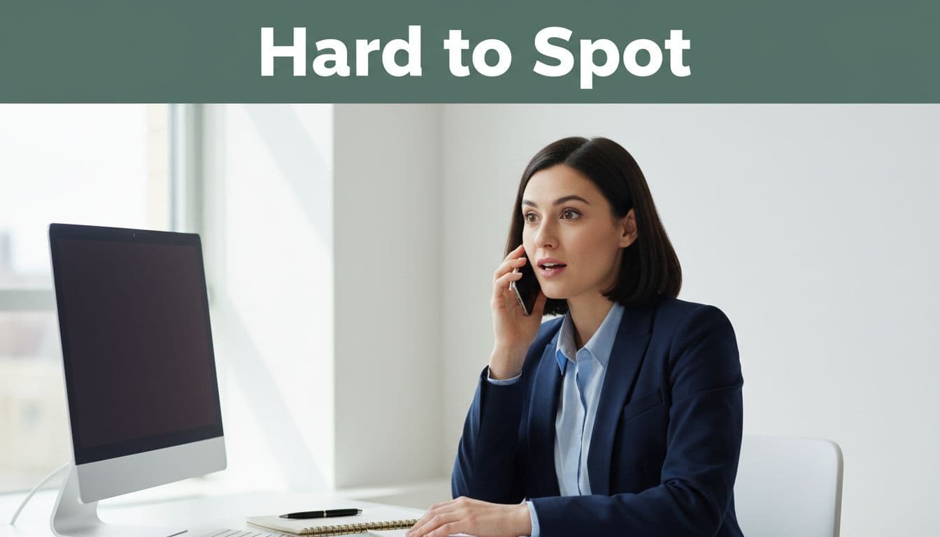 Modern business professional in a bright office holding a phone to their ear with a natural surprised expression during a conversation, featuring a bold 'Hard to Spot' headline on a dark-green band.