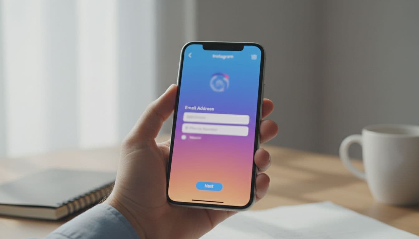 Hand holding smartphone displaying Instagram app on account creation screen in modern office desk setting with notebook and coffee mug, natural daylight lighting, clean realistic composition.