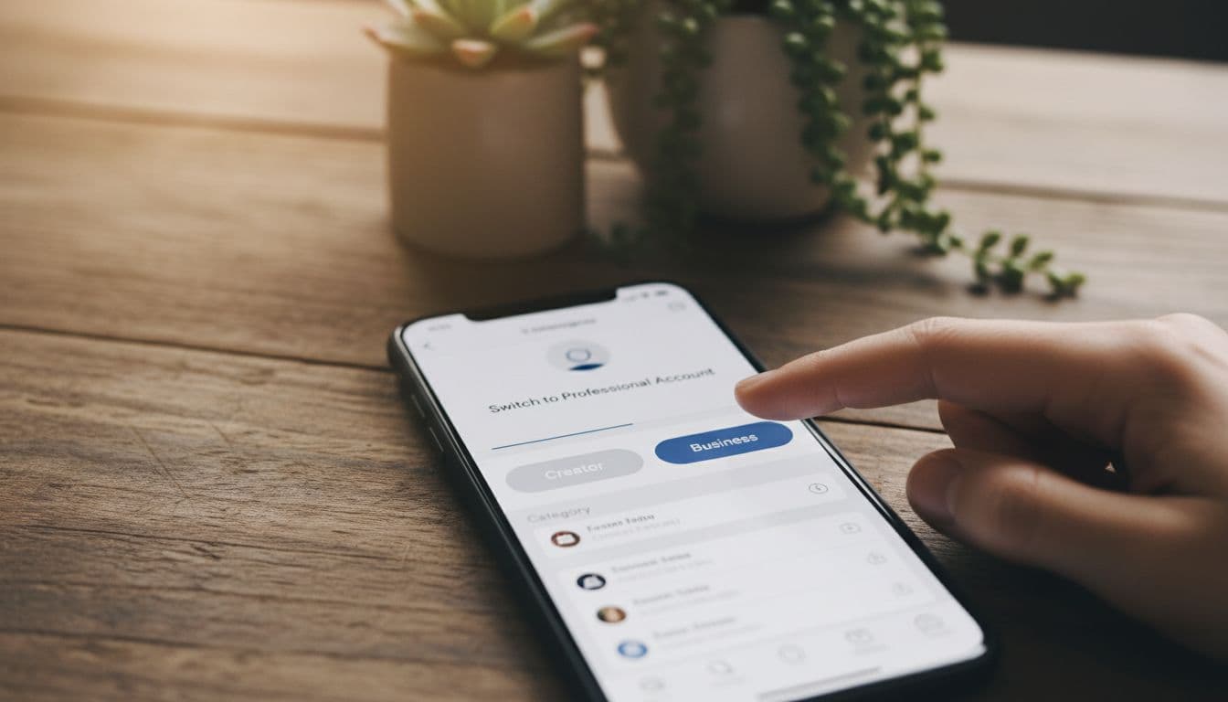 Instagram profile edit screen on a mobile device on a wooden table, showing category selection for Business account with a hand tapping gently, in a cozy workspace with plants and soft lighting, photorealistic.