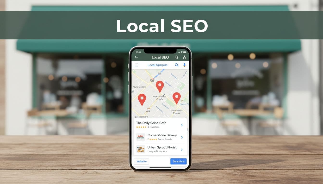 Phone screen displaying Google local map pack with three business pins and Google Business Profile details, small cafe storefront in soft focus background on wooden table in natural daylight.