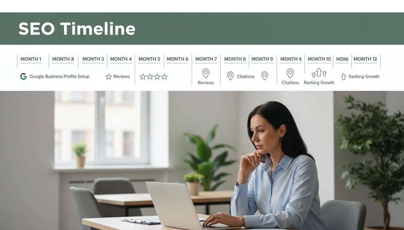 Calendar timeline graphic displaying months 1 to 12 with icons for Google Business Profile setup, reviews, citations, and ranking growth, featuring a small business owner reviewing a laptop in a neutral office setting.