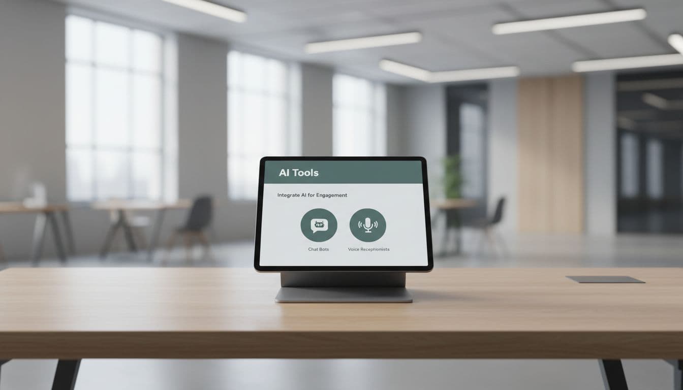 Tablet on modern office desk displays service page with chatbot interface and icons under dark-green AI Tools header.