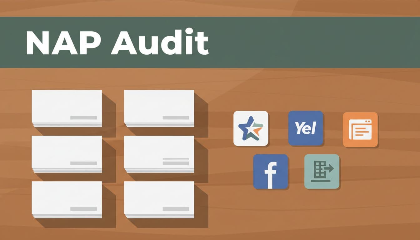 Top-down view of a stack of business cards and icons from online citation sites neatly arranged on a table in a professional setting, with illustrative style, subtle shadows, and warm lighting. Bold 'NAP Audit' headline in geometric sans-serif font on a muted dark-green band at the top.
