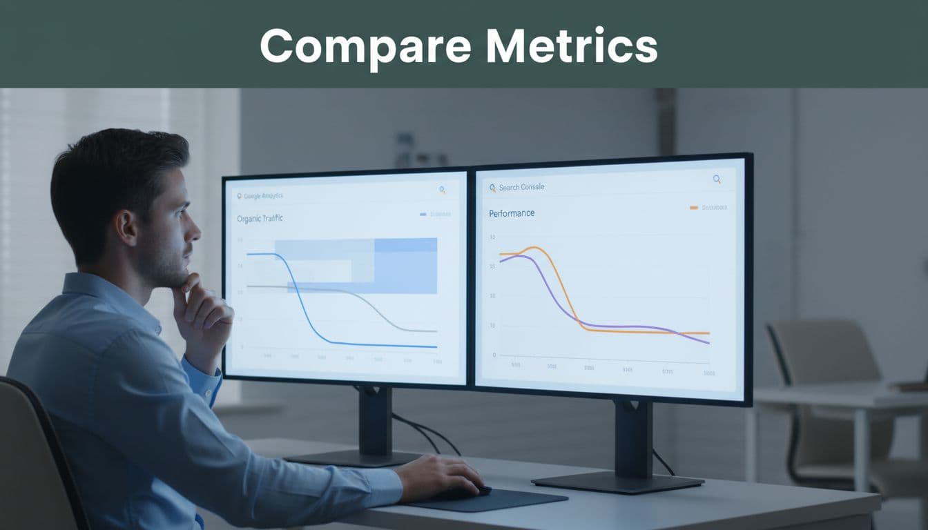 Professional at desk views side-by-side Google Analytics and Search Console screens showing organic traffic drop and recovery, with 'Compare Metrics' header band.