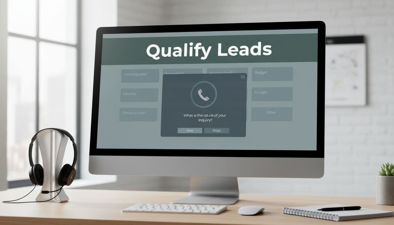 Computer screen shows receptionist interface with 'Qualify Leads' headline, call flow questions during phone call, on office desk with headset and notebook.