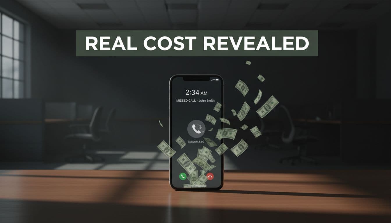 A photorealistic smartphone on a desk in an empty night office shows a missed call notification, with symbolic dollar bills fading away in the background, dramatic side lighting emphasizing financial loss, and a bold headline 'Real Cost Revealed' in a muted dark-green band at the top.