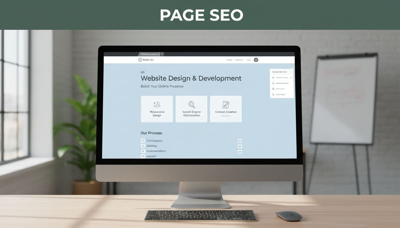 Desktop computer in professional workspace displays clean service page with SEO elements and muted dark-green header.
