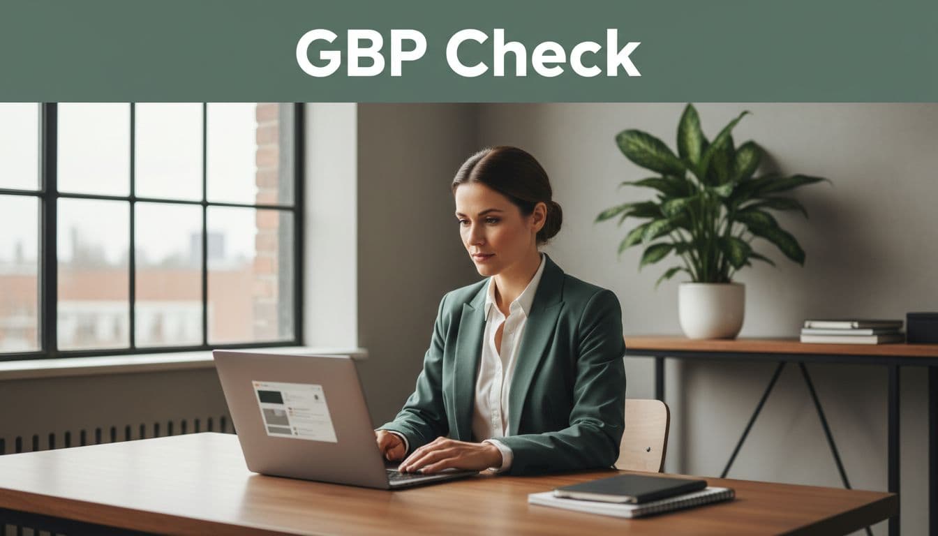 A small business owner reviews their Google Business Profile on a laptop in a modern office with natural light, featuring a bold 'GBP Check' headline in a dark-green band at the top.