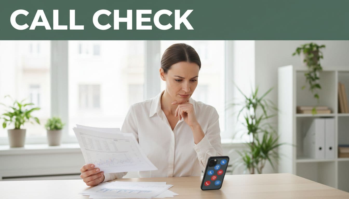 Small business owner at modern office desk reviews printed call logs and smartphone notifications, focused expression, with 'Call Check' headline in bold dark-green band.