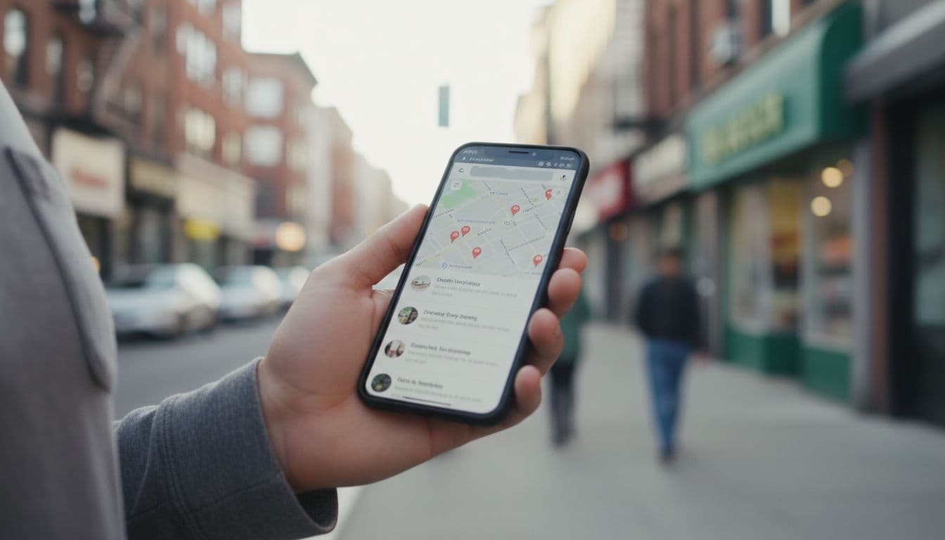Photorealistic image of a smartphone held in one relaxed hand showing blurred Google Maps local search results for New Jersey businesses, with top map pack visible against an urban street background of local shops in natural daylight.