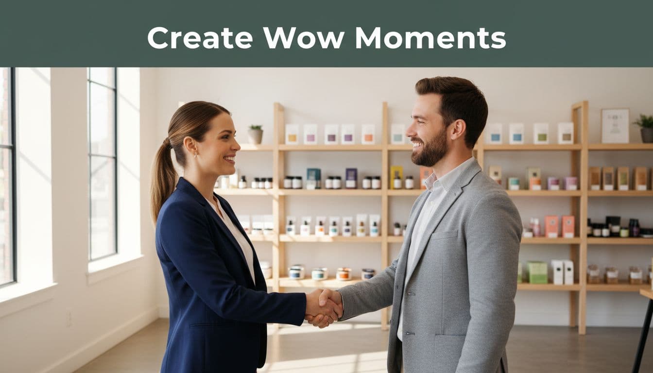 Smiling business owner and happy customer shaking hands firmly in a bright modern retail shop with products on shelves, central focus on positive interaction, realistic photo with warm daylight and 'Create Wow Moments' headline band at top.