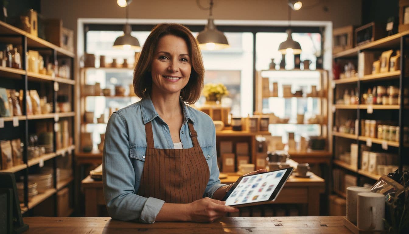 A smiling retail store owner stands behind the counter in a busy shop interior with products on shelves, holding a tablet displaying blurred review notifications under warm indoor lighting. This realistic photo depicts exactly one person checking and responding to customer reviews to build trust.