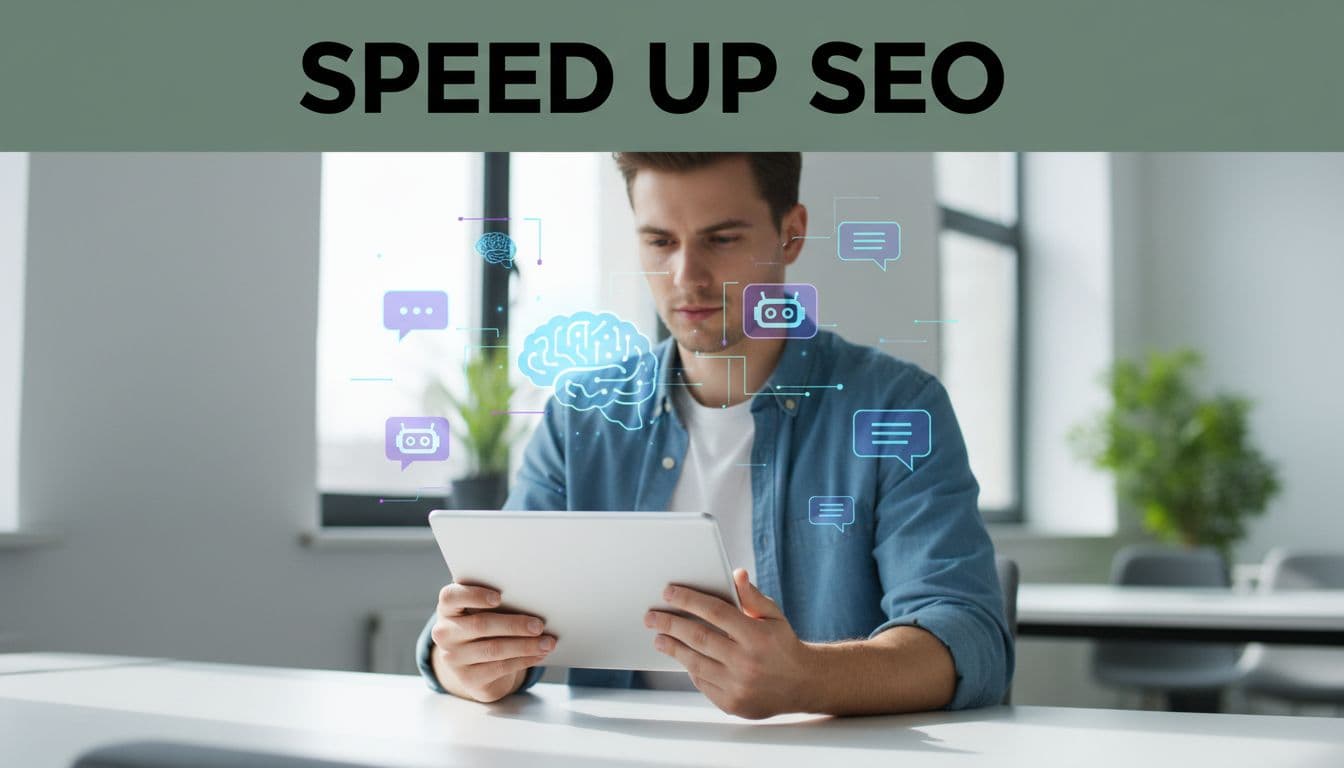 Small business team member optimizing Google Business Profile on a tablet with nearby AI chatbots and icons in a modern office, bright daylight, landscape view.