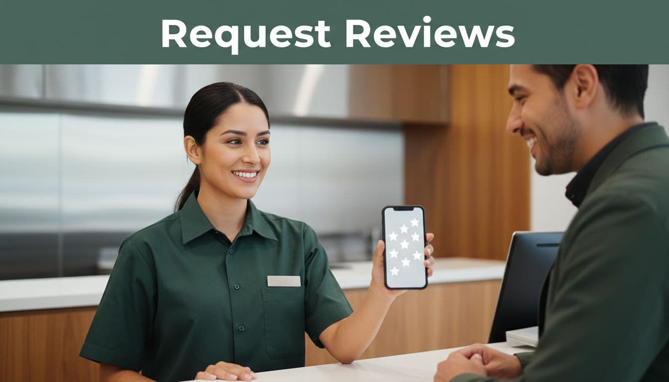 Smiling uniformed staff member holds smartphone with blurred stars icon toward satisfied customer at service counter in auto shop or cafe setting. Top dark-green band with bold 'Request Reviews' headline, realistic photo with soft indoor lighting.