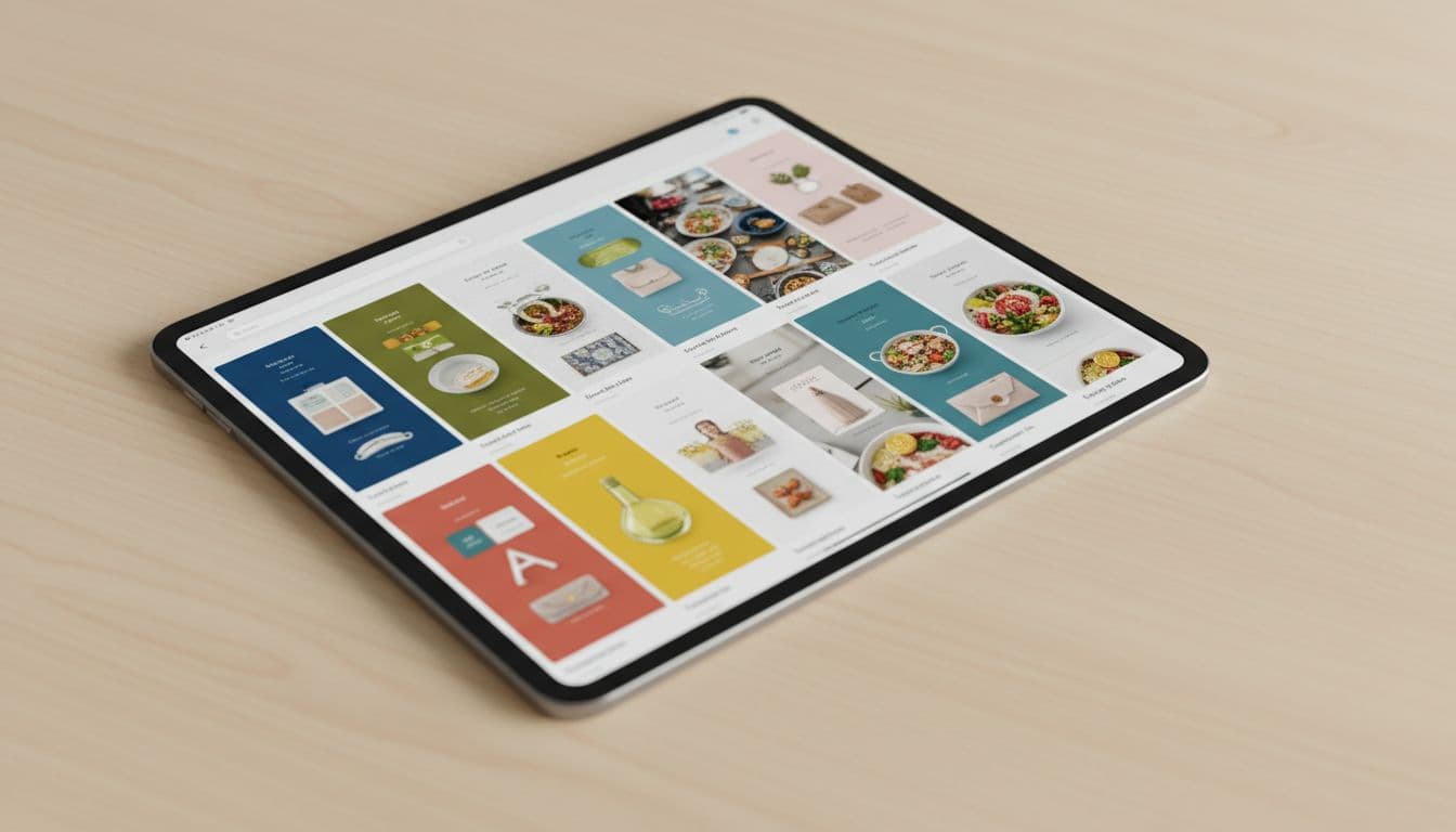 Tablet on a clean creative workspace table displaying organized Pinterest boards with colorful vertical pins of lifestyle products and ideas, screen slightly angled, natural overhead lighting, realistic photo style.