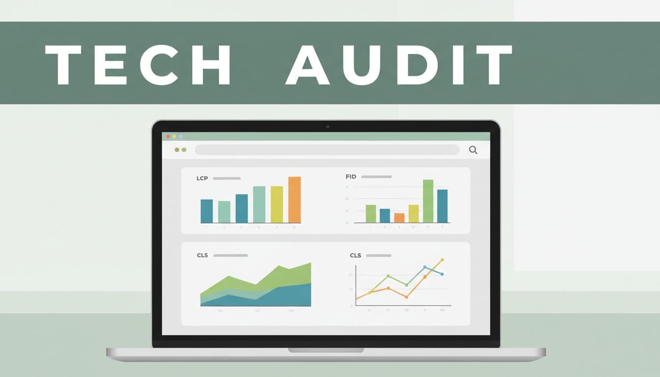 Modern flat design illustration of a laptop screen displaying Core Web Vitals metrics in a website performance dashboard, with a bold 'Tech Audit' headline on a dark-green band, abstract charts in a bright workspace.