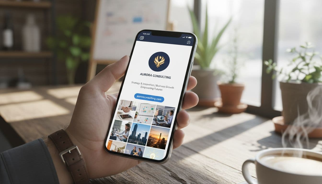 Polished Instagram business profile viewed on a phone screen held in hand at a cafe table, featuring professional logo, concise bio, link button, and clean feed preview in vibrant natural light.