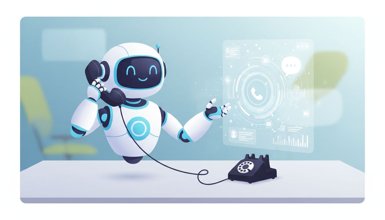 A stylized robot assistant interacting with a digital interface beside a traditional analog telephone handset.