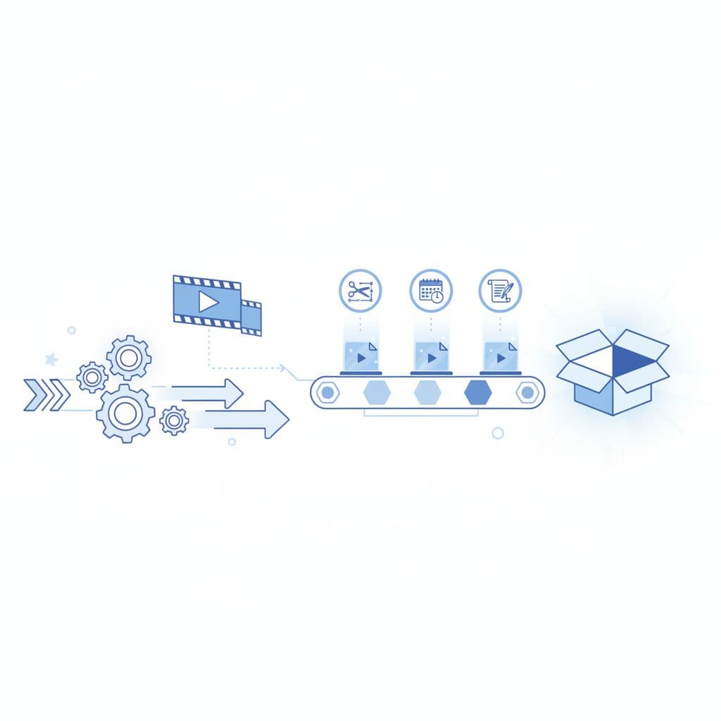 A streamlined digital workflow featuring geometric shapes and icons representing video editing, scheduling, and scripts.