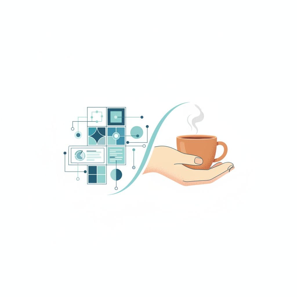 A split illustration featuring a digital interface on one side and a hand holding coffee on the other.