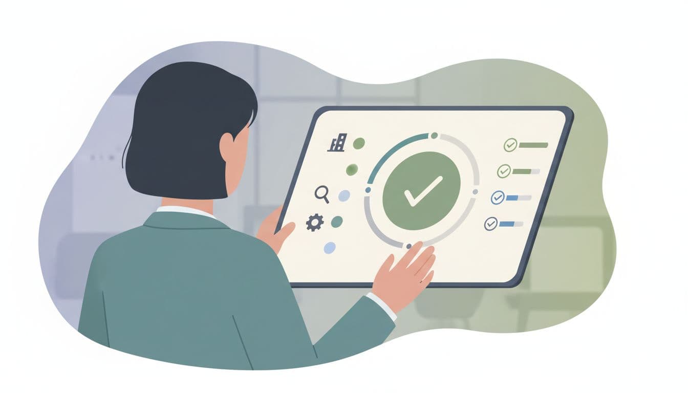 A person views a clean digital interface featuring status indicators and checkmarks for business tracking.