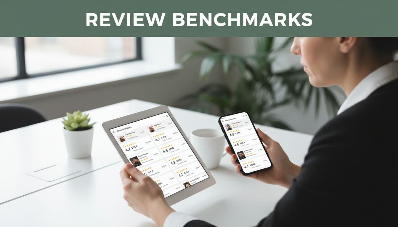 Business owner at modern desk views competitor Google Business Profiles on tablet and phone, review stars prominent, 'Review Benchmarks' headline in green band above.