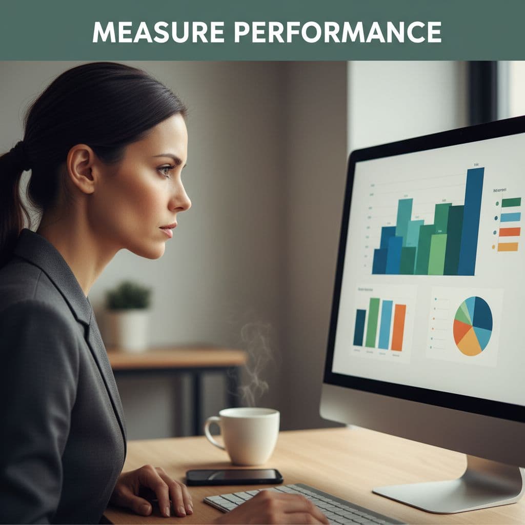 Focused business owner views abstract analytics on monitor in modern office with mug and smartphone; top green band reads 'Measure Performance'.