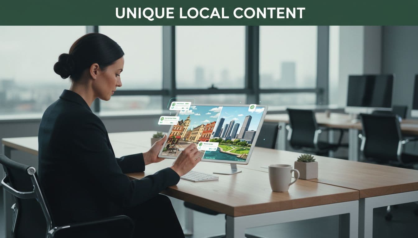 Business owner at modern desk focuses on tablet under dark-green 'Unique Local Content' banner.