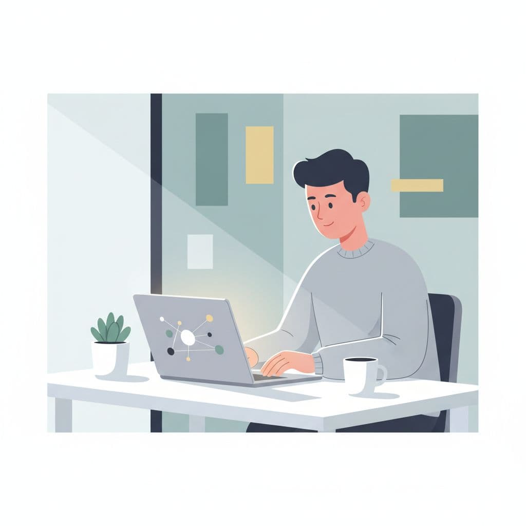 A person sits at a clean, modern desk focused on their laptop screen.