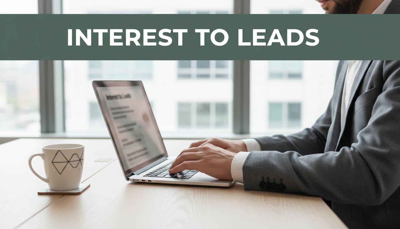 Business professional types on laptop with blurred chatbot screen, 'Interest to Leads' headline on green band, coffee mug on desk.