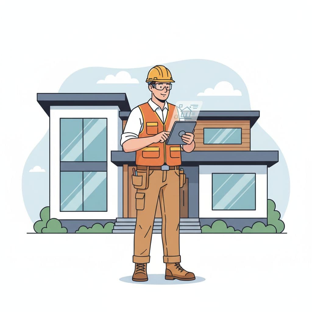 A contractor wearing bright professional work gear stands before a suburban home holding a digital tablet. The clean illustration style emphasizes simple geometric shapes and a balanced, minimal color palette throughout.