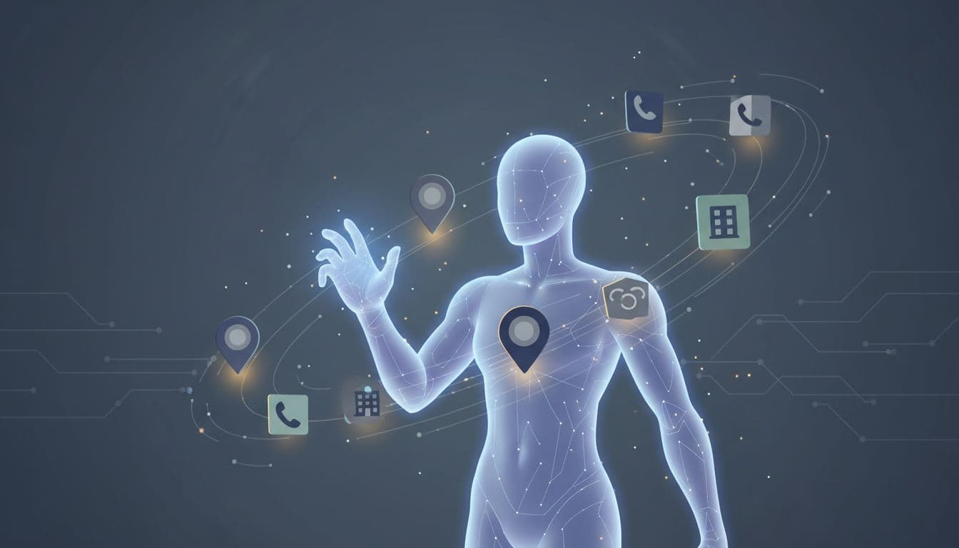 A glowing human-like avatar engages with floating icons representing local business contact details.